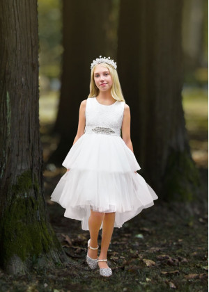 Lace Tulle High Low Flower Girl Dress With Beaded Sash